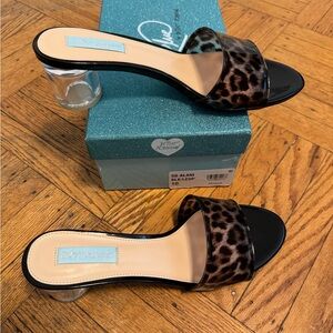 Blue by Betsey Johnson mules with lucite heel and leopard upper